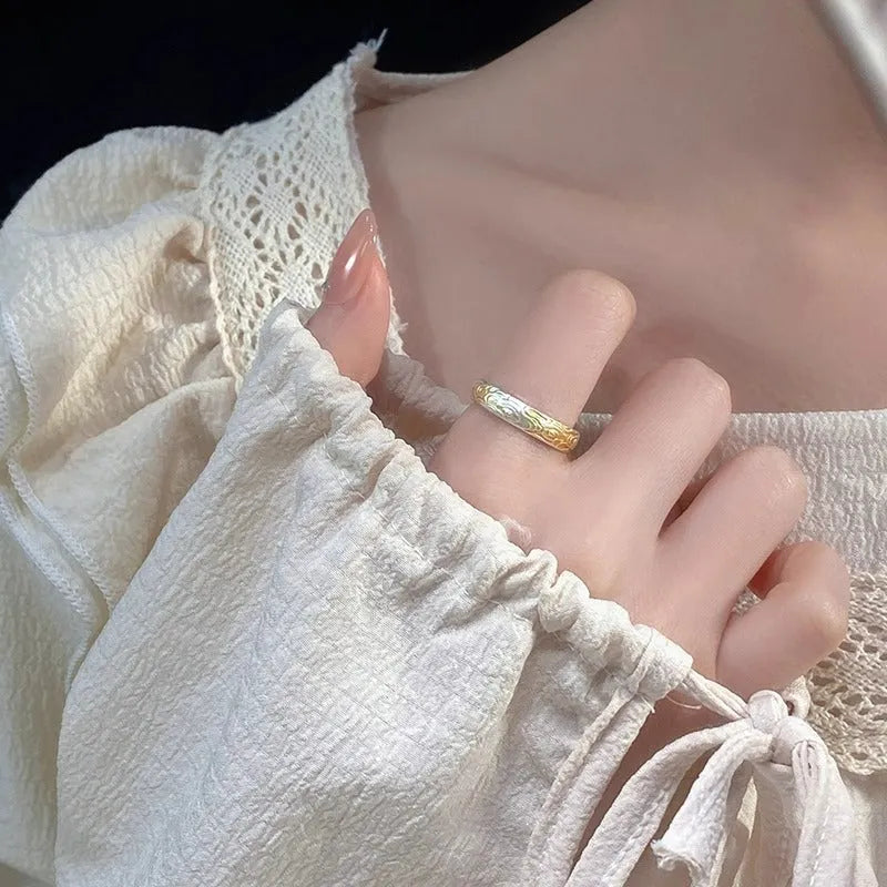 Adjustable open mouth ring with Xiangyun pattern in gold electroplated finish