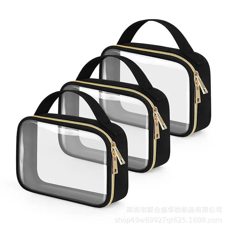 Transparent PVC wash bag with chain handle storing lipsticks and cosmetics