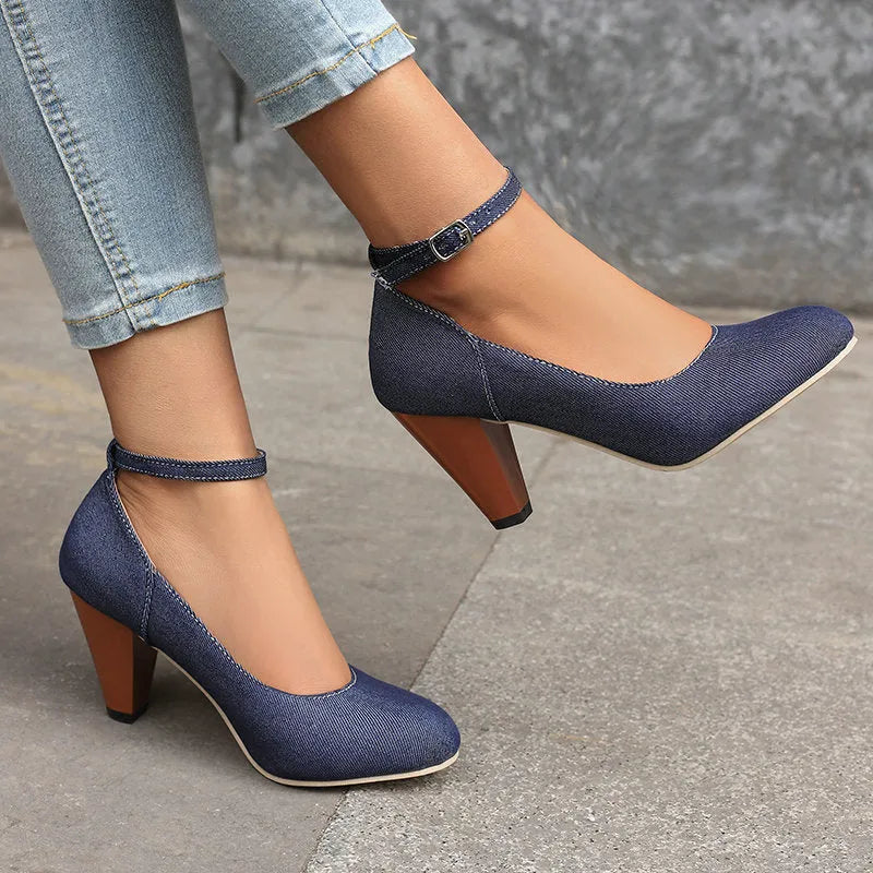 Women's blue denim platform high heel shoes with buckle fastening and round toe