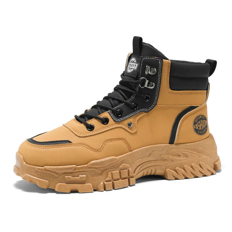Men's black and yellow artificial PU Martin boots with a mid-calf fit and mid heel.