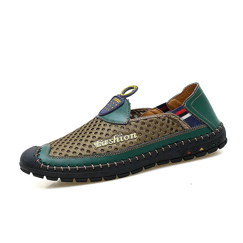 Men's brown mesh casual shoes with round toe and rubber sole on a plain background