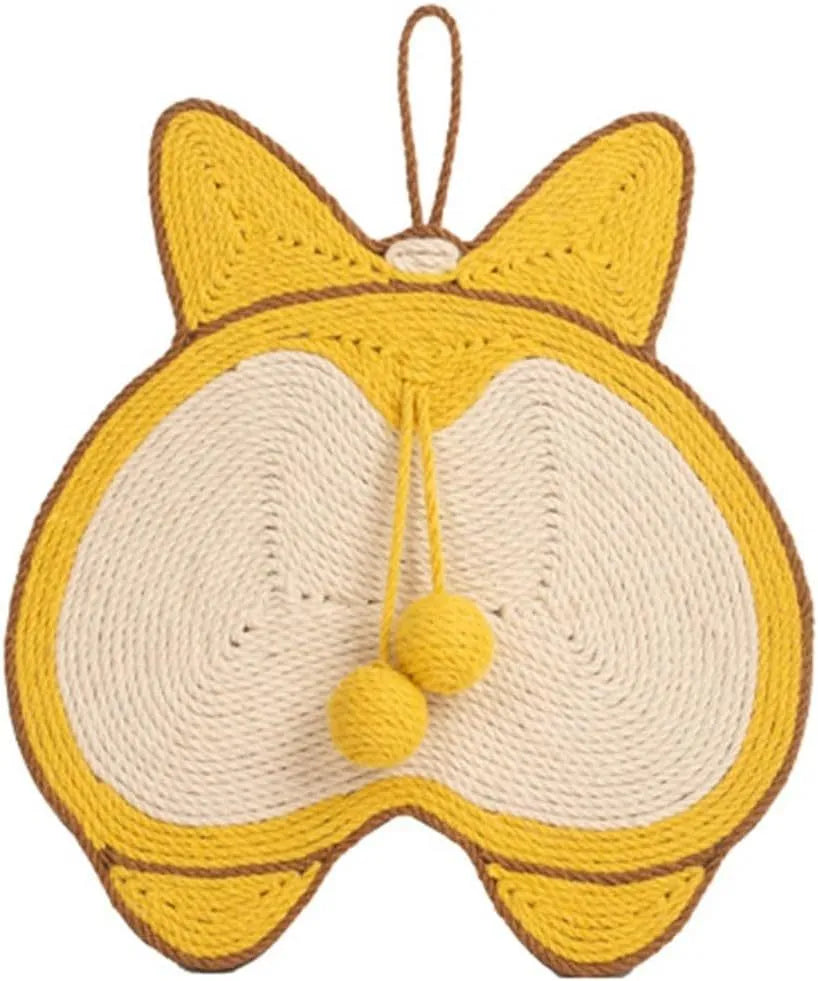 Yellow Corgi butt design cat scratch pad made from sisal with adhesive hooks and anti-slip base.