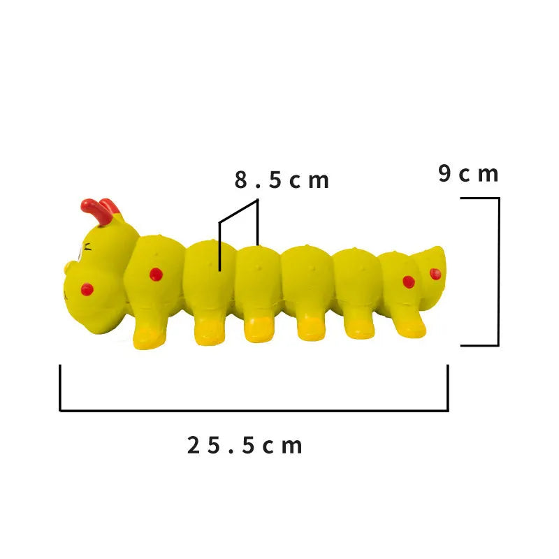 Yellow caterpillar-shaped rubber dog squeaky toy for small to medium breed dogs