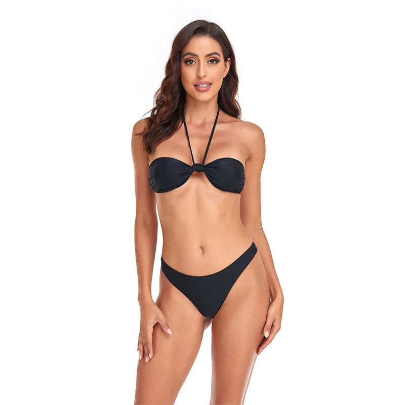 Black women's bikini set with lace-up tube top and matching briefs swimwear
