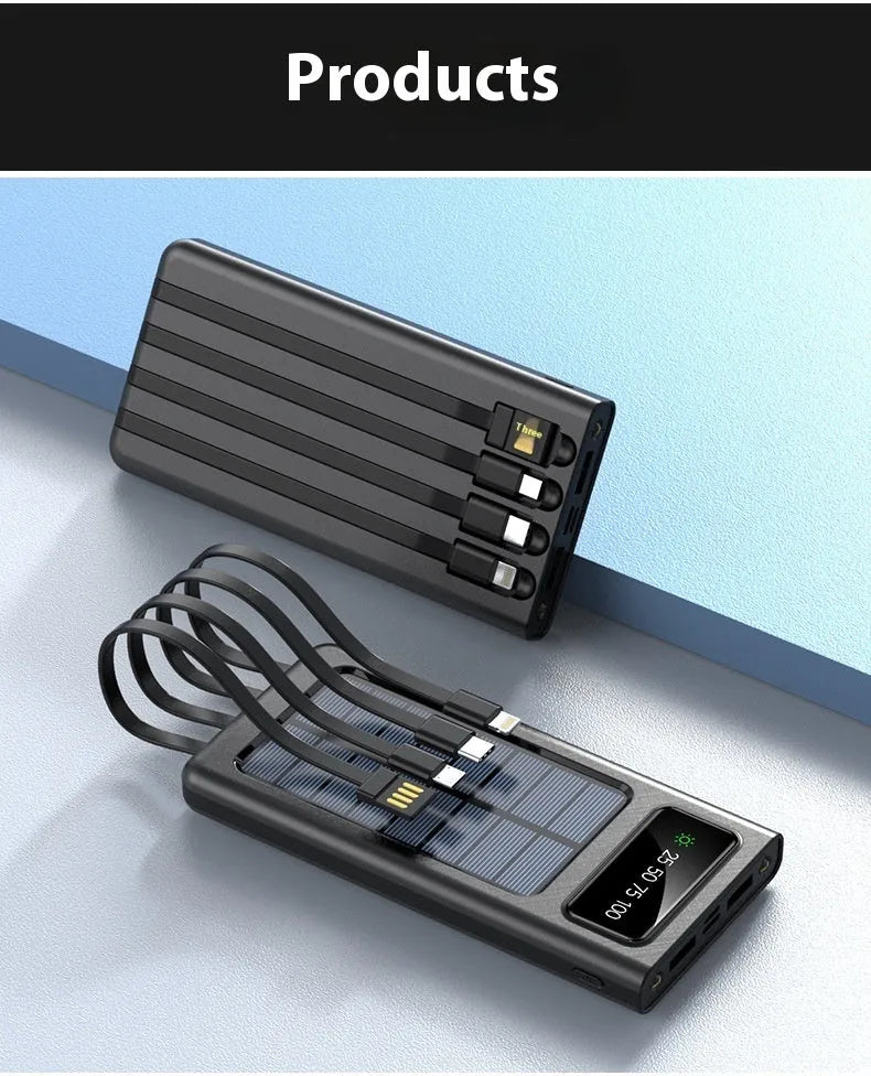 Solar portable power bank with 20000mAh capacity in black or white colours showing creative design