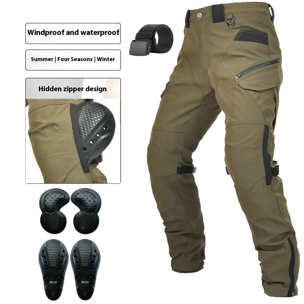 Men's waterproof motorcycle cycling pants with protective gear in black or green colour options