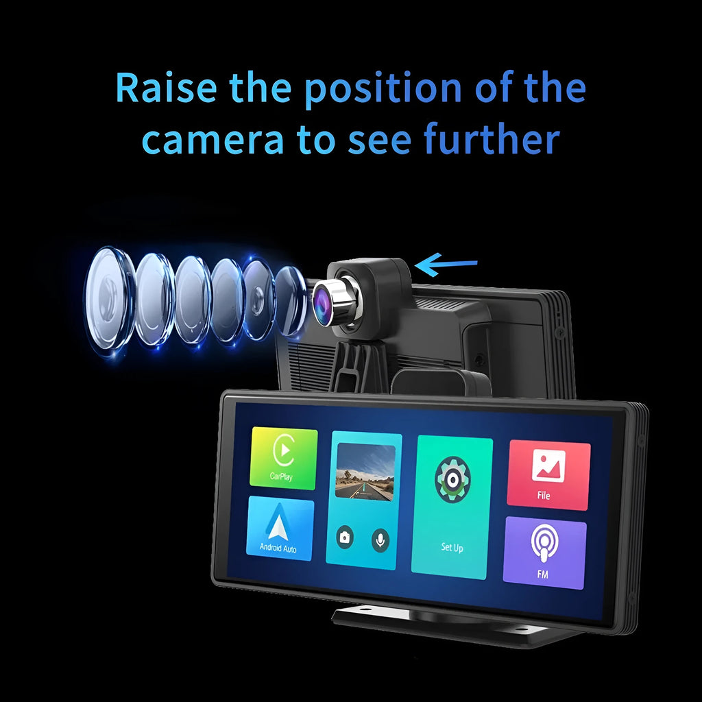 12-inch touchscreen car dash cam unit with front and rear camera recording on vehicle windscreen