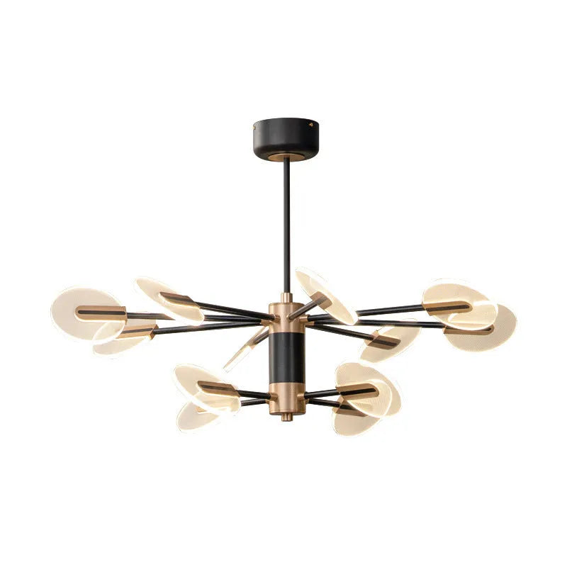 Nordic iron LED chandelier with multiple heads in acrylic detailing hanging from ceiling
