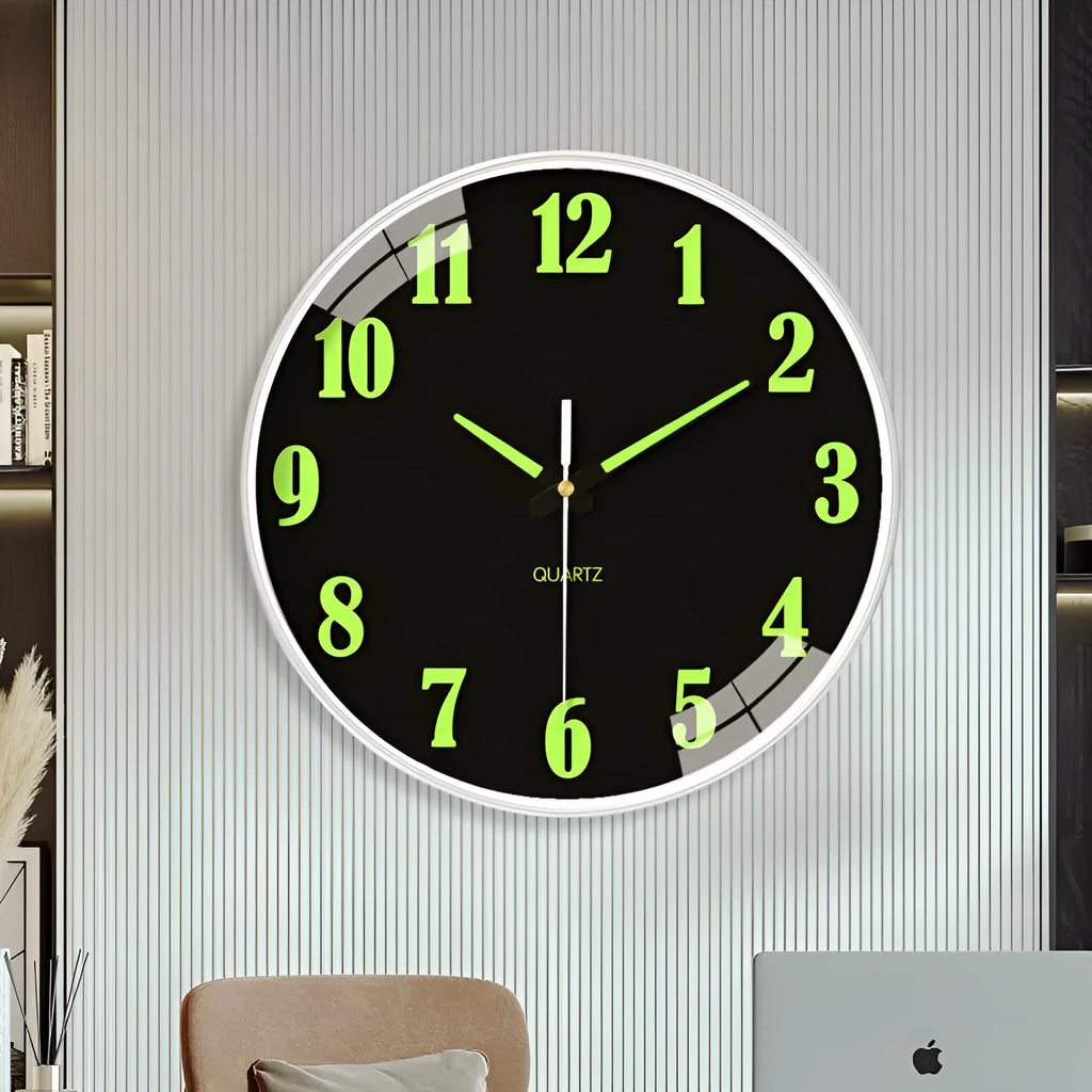Modern 8 inch luminous wall clock with 20cm diameter on a wall.