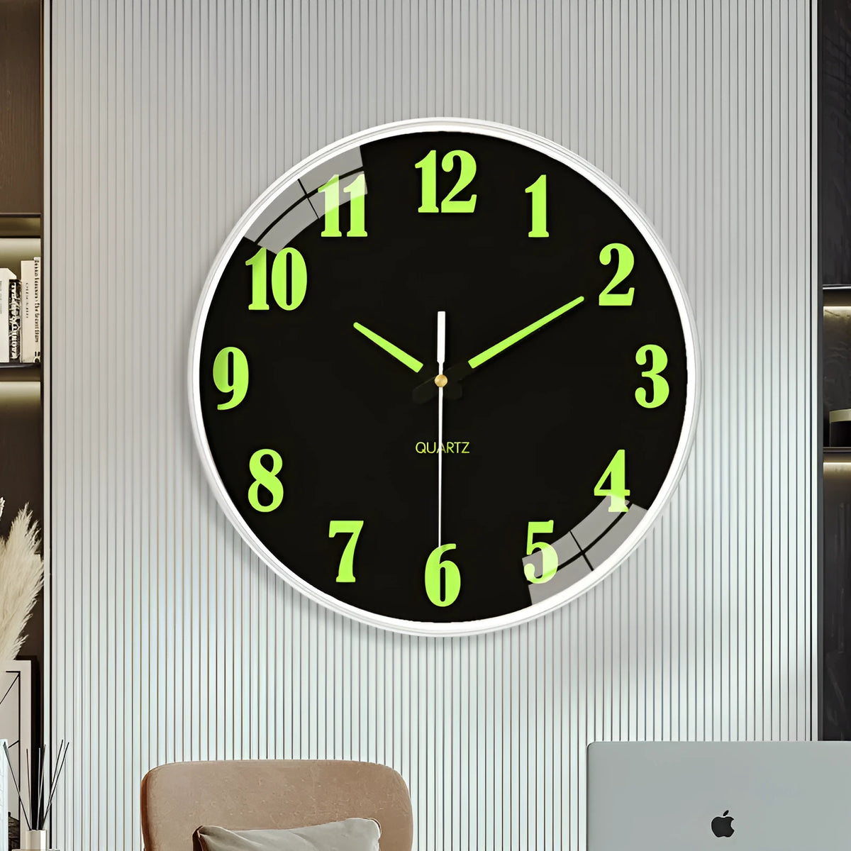 Modern 8 inch luminous wall clock with 20cm diameter on a wall.