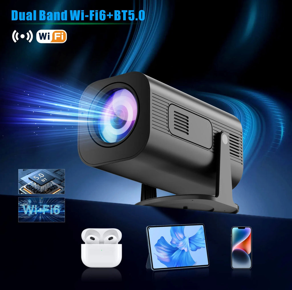P330 portable mini projector in black or white colour, shown with remote control and power cord.