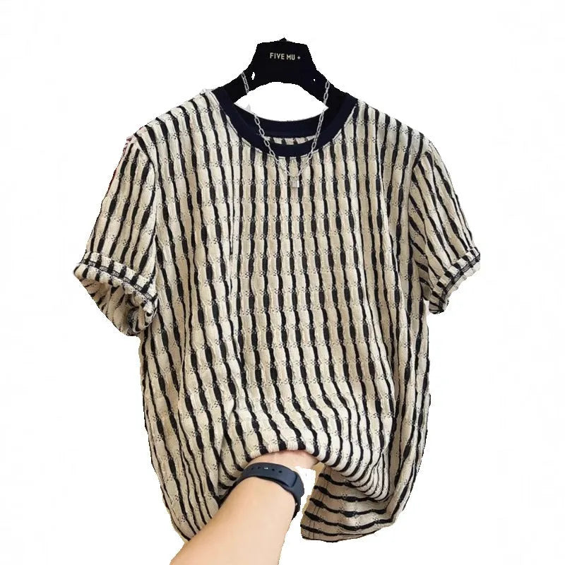 Men's black striped loose fit short sleeve shirt in silk linen fabric on size chart