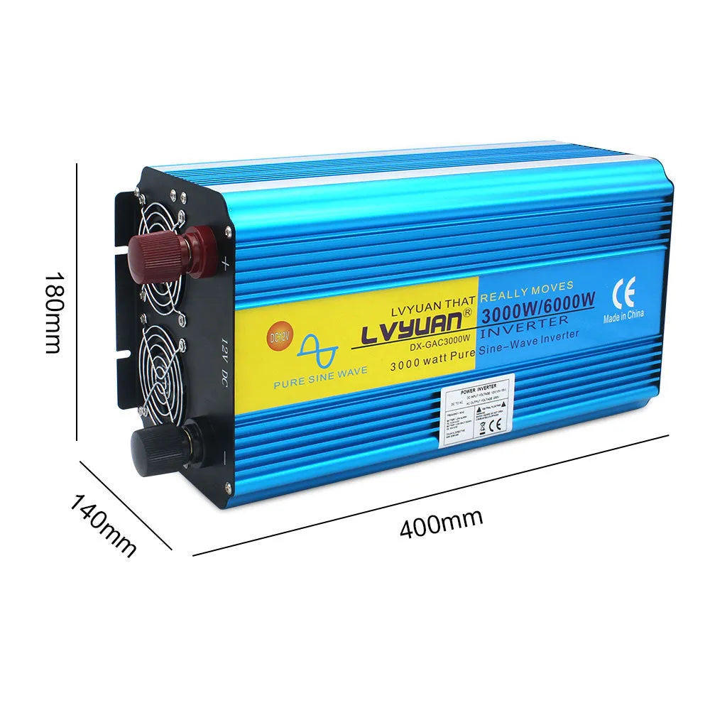 Blue 3000W 6000W dual display car power inverter with remote control and UK plug socket.