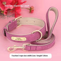 Double-layer leather dog collar and matching leash in rose red, brown, or blue colours with weight-based sizing