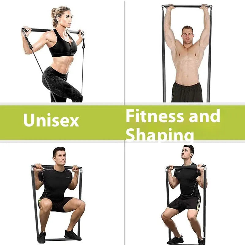 Two-segment push-and-pull fitness stick with attached rope next to its carrying bag.