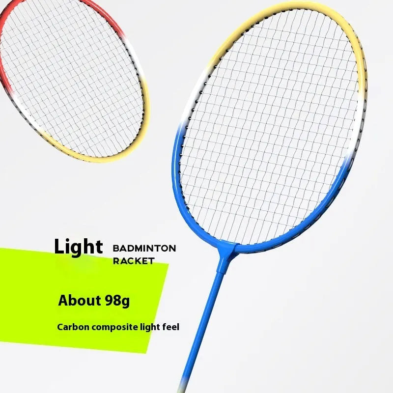 Pair of blue and red alloy badminton rackets showing split design and pre-strung condition