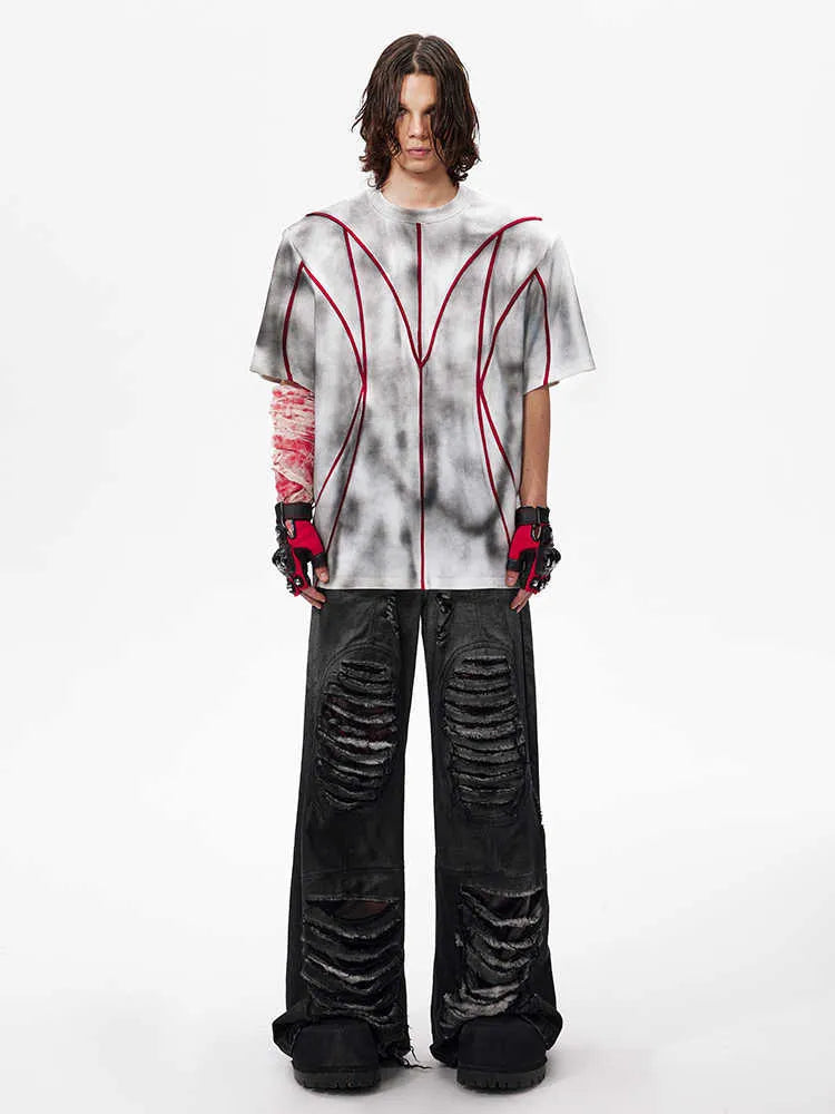 Women's short sleeve t-shirt with padded shoulders and three-dimensional line patchwork design in picture colour