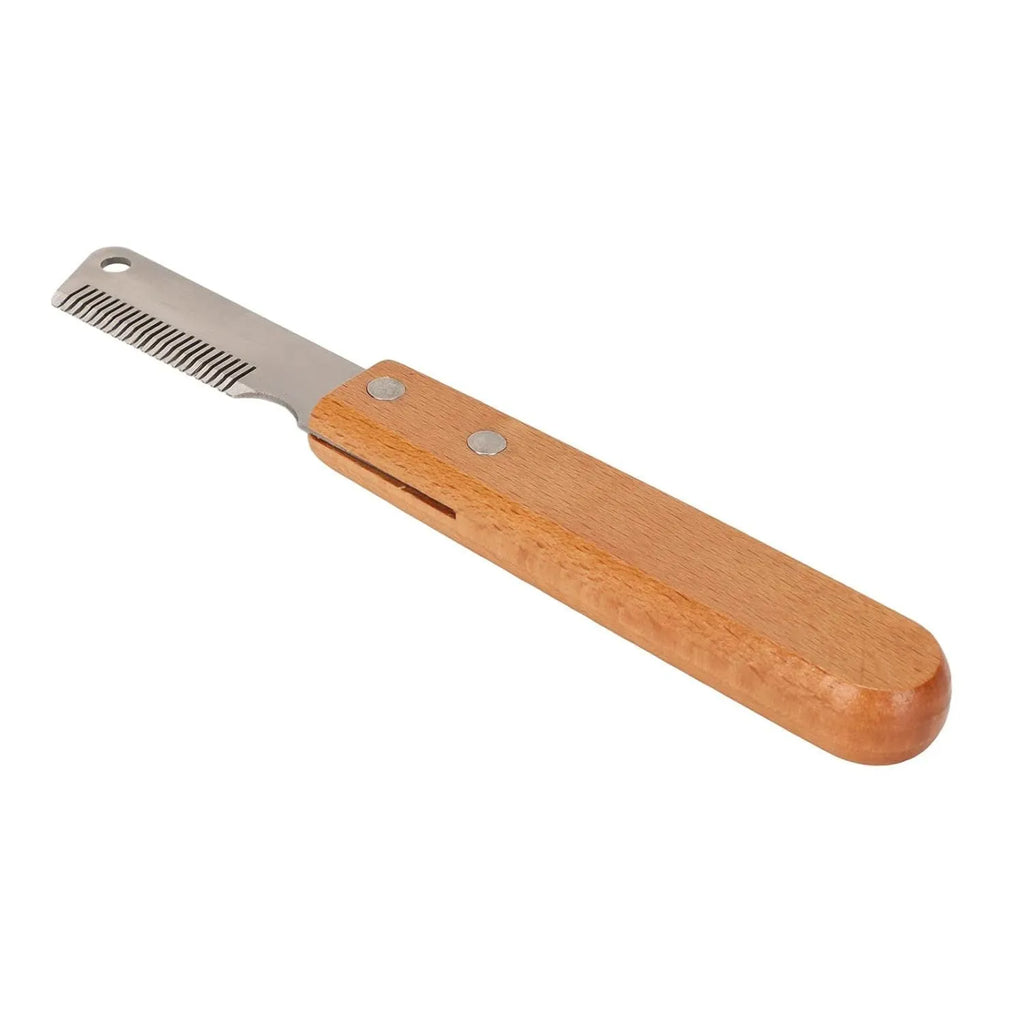 Pet stripping comb with wood handle and metal teeth for grooming cats and dogs.