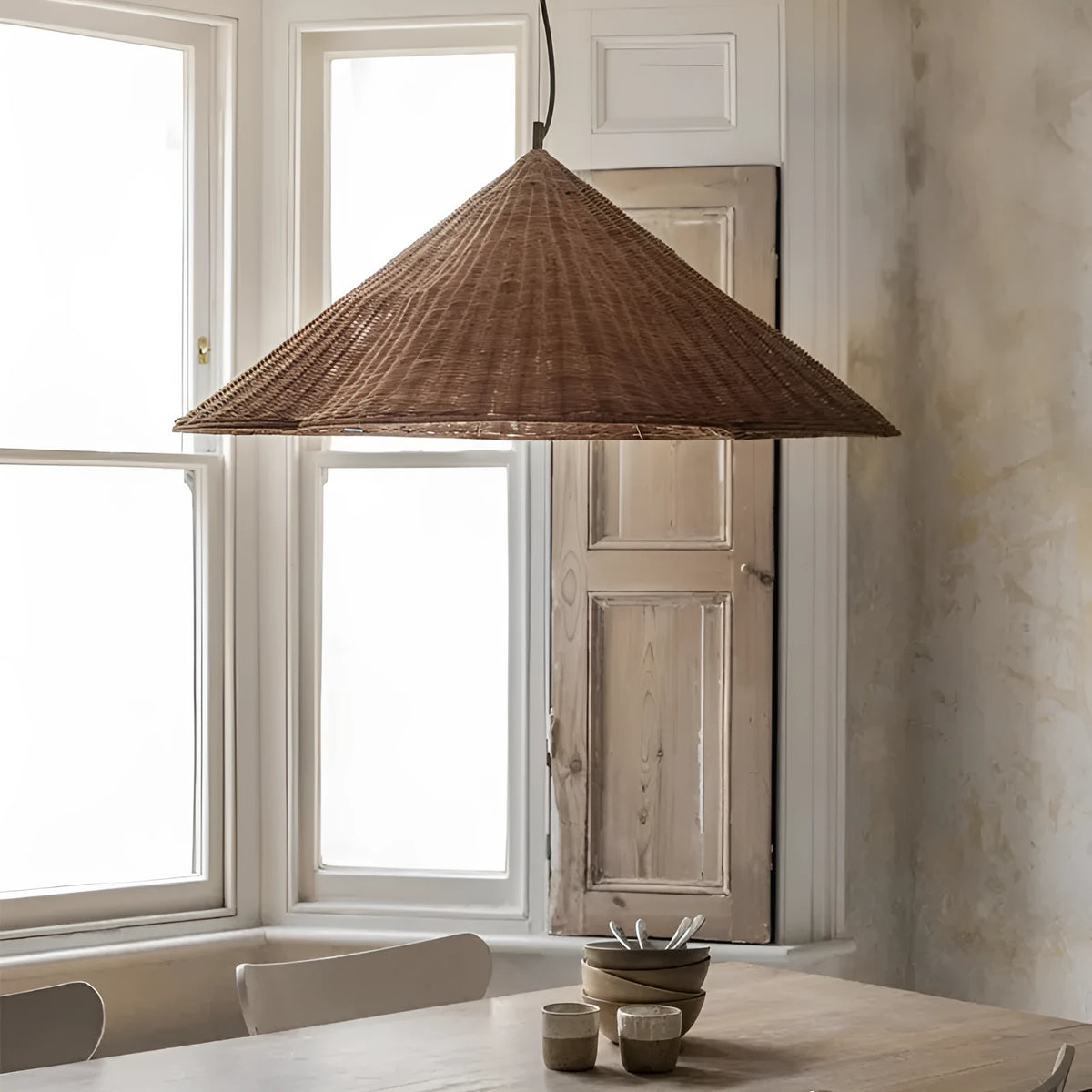 Silent Style natural rattan weave ceiling lamp showing open woven texture