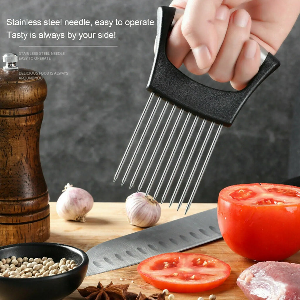 Stainless steel and ABS food slicer holder for onions and tomatoes, showing comfortable handle.