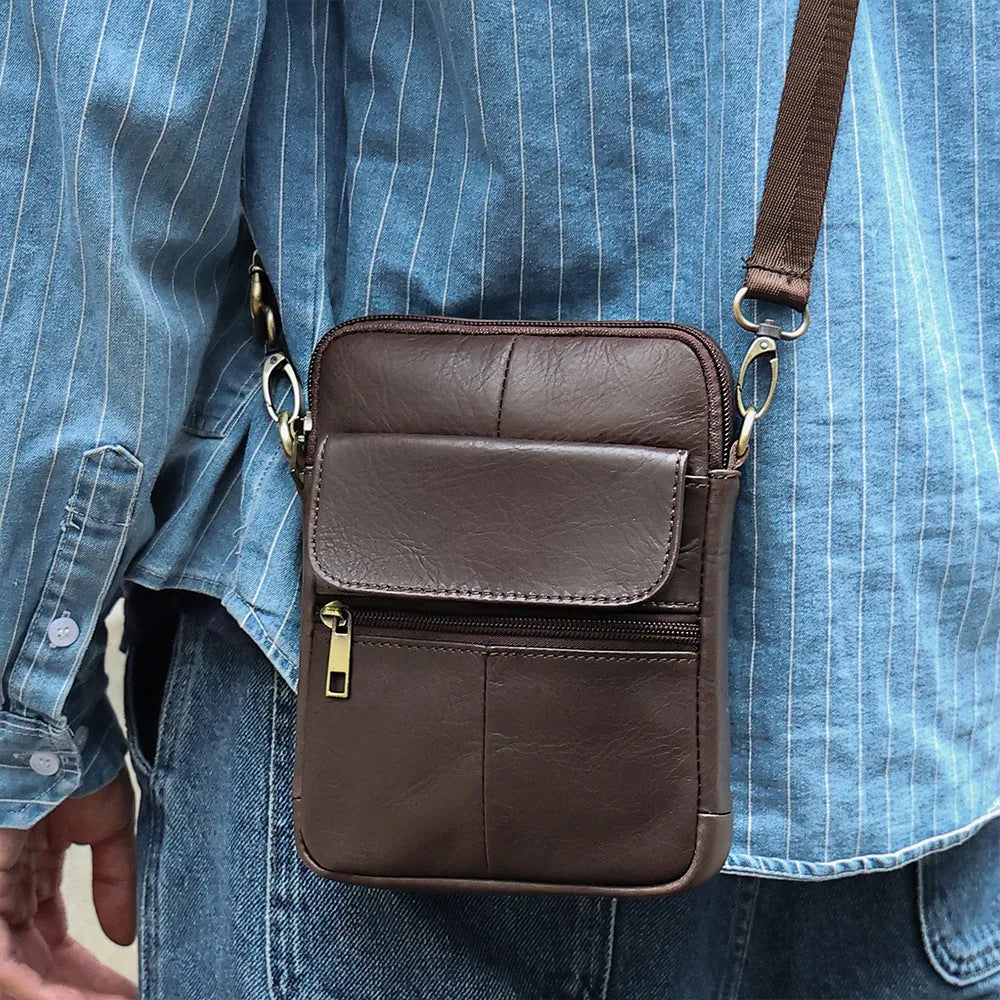 Men's brown genuine leather crossbody shoulder bag with sewing line detail