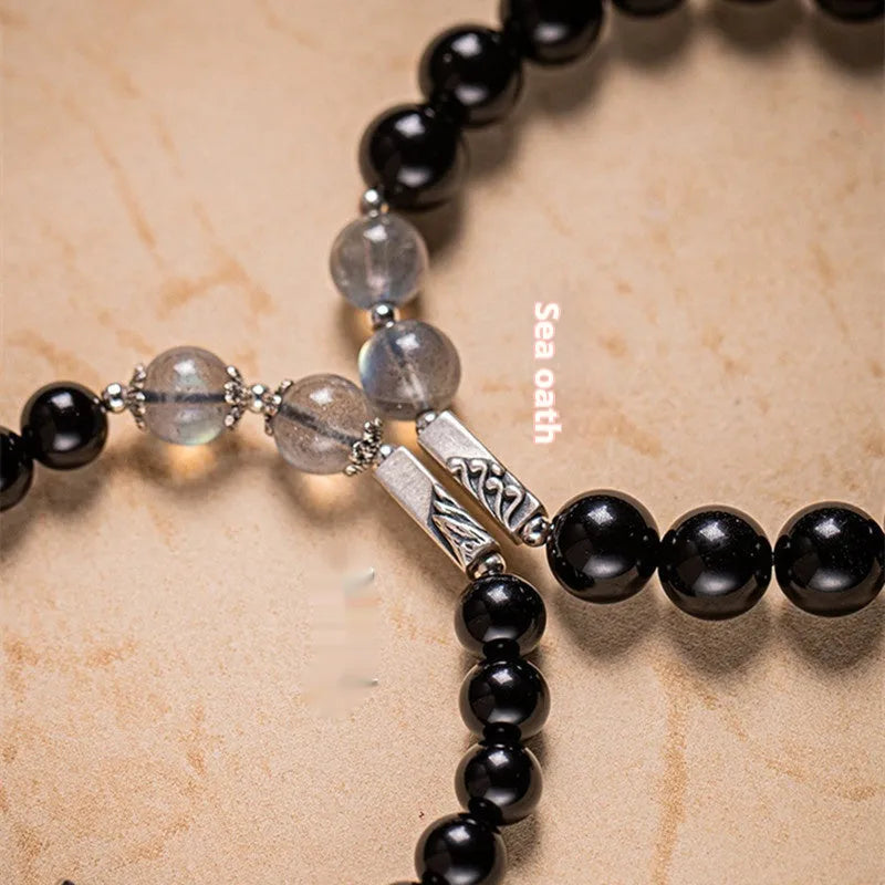 Obsidian Buddha beads couple bracelet DIY set showing 8mm and 10mm black stone beads