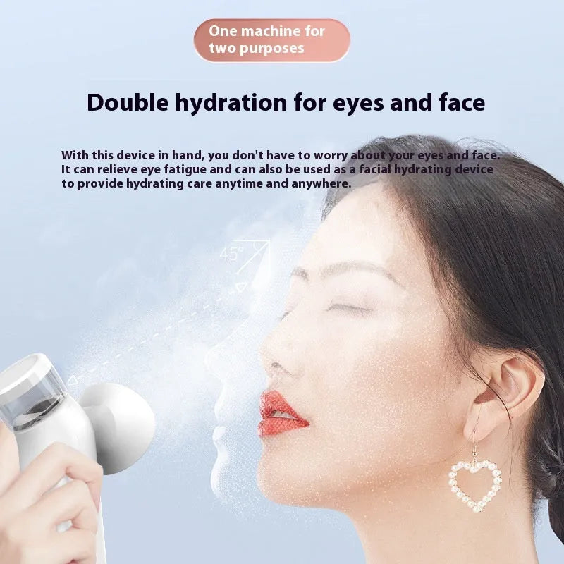 White portable rechargeable eye mask for hot and cold compress therapy with atomisation function.