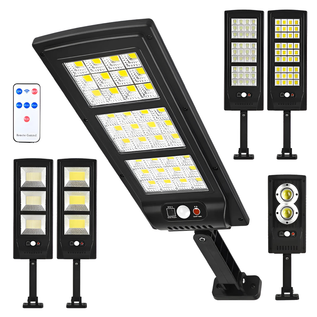 Outdoor plastic solar street light with solar panel on top and remote control for garden path lighting.