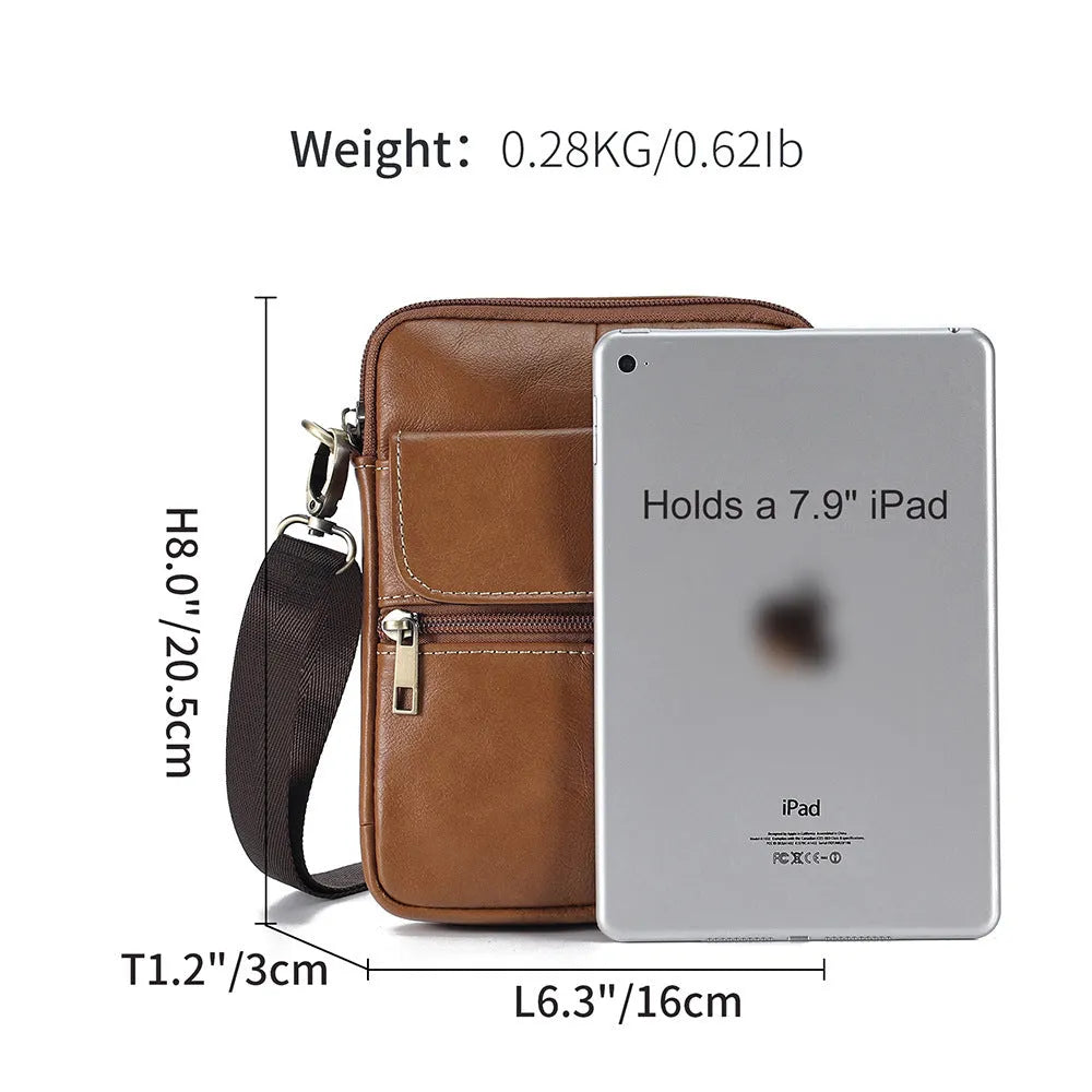 Men's brown genuine leather crossbody shoulder bag with sewing line detail