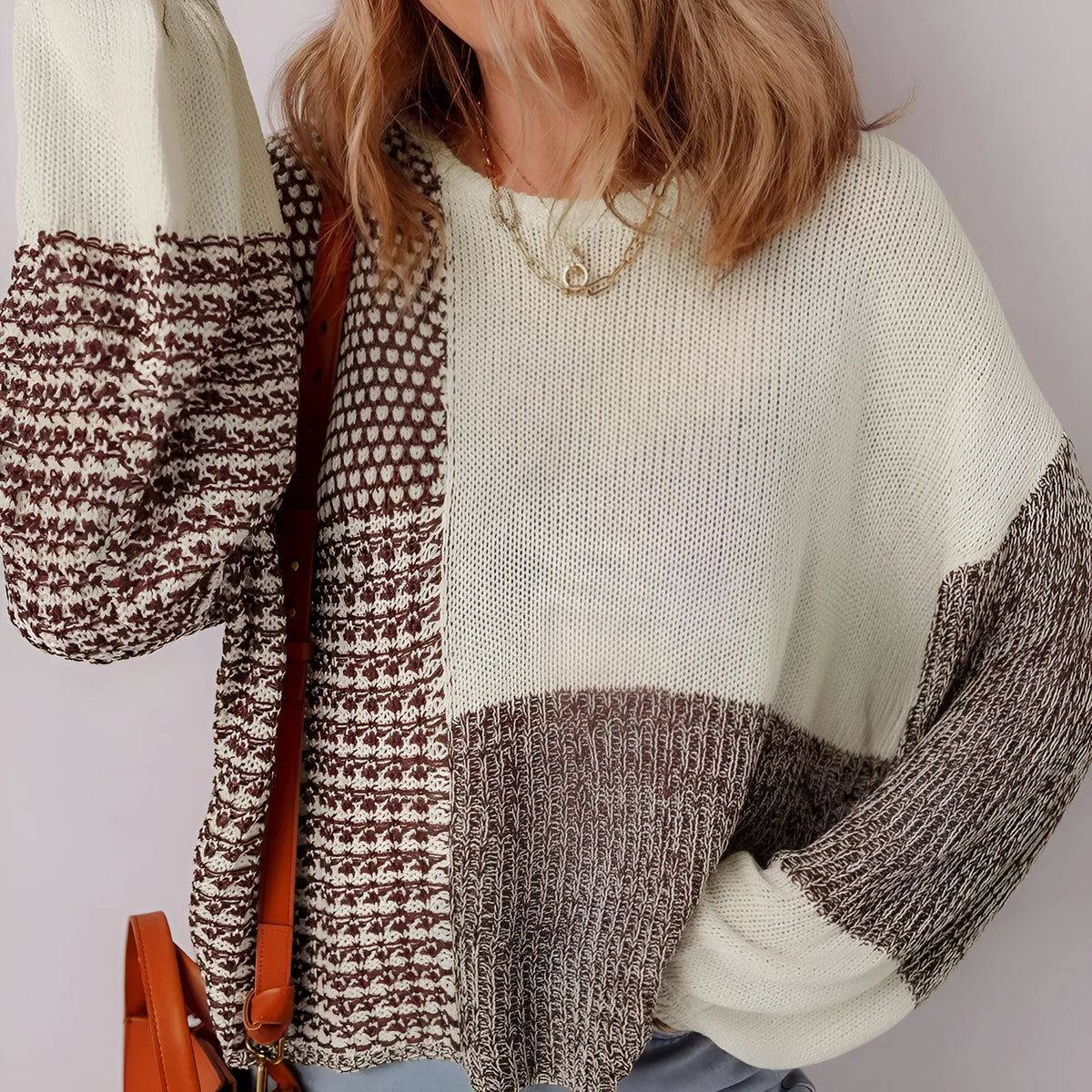 Dark khaki loose sweater with colour block pattern and back tie detail, drop shoulder design