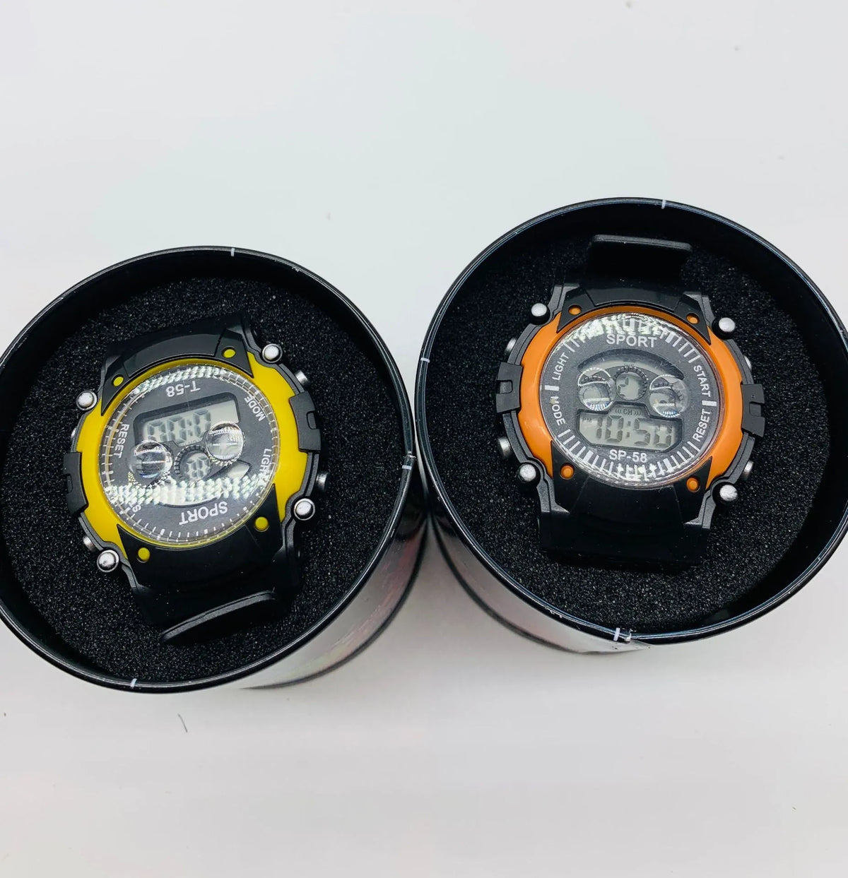Digital sports watch for kids with mix colour plastic case and blue silicone strap on wrist