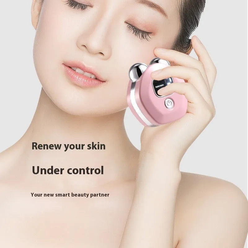 Portable micro current beauty instrument with hot compress function and double-roller facial massage heads