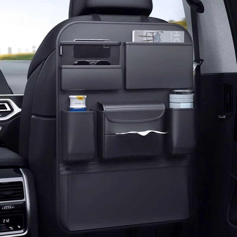 Black leather car seat back storage hanging bag with handle in two size options