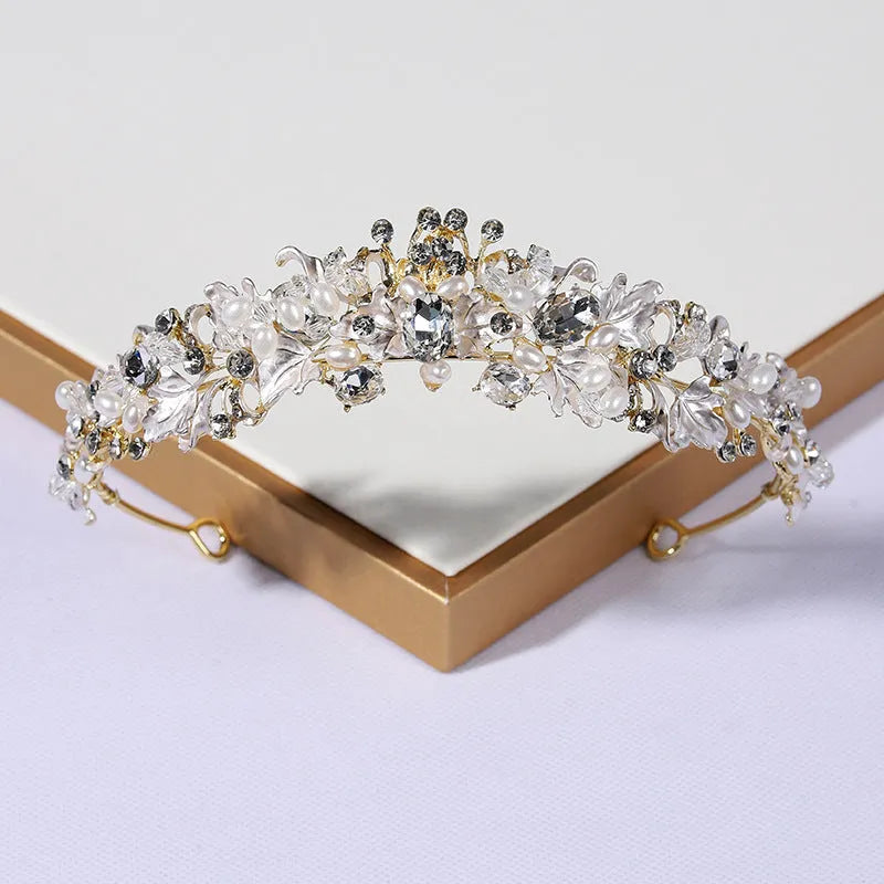 Gold or silver electroplated alloy pearl crown headdress women's hair accessory