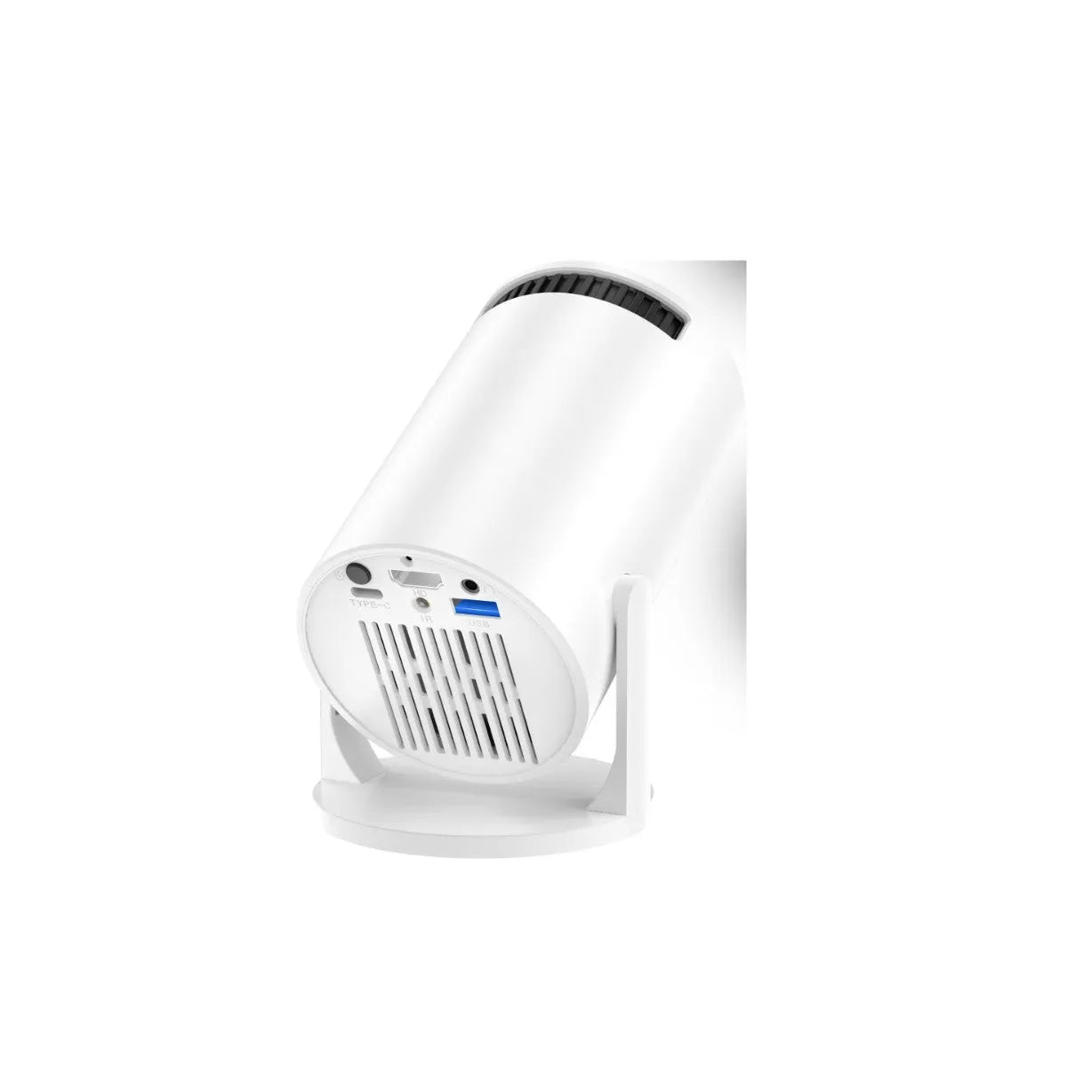 White mini wireless portable HD projector for home cinema on a table.
