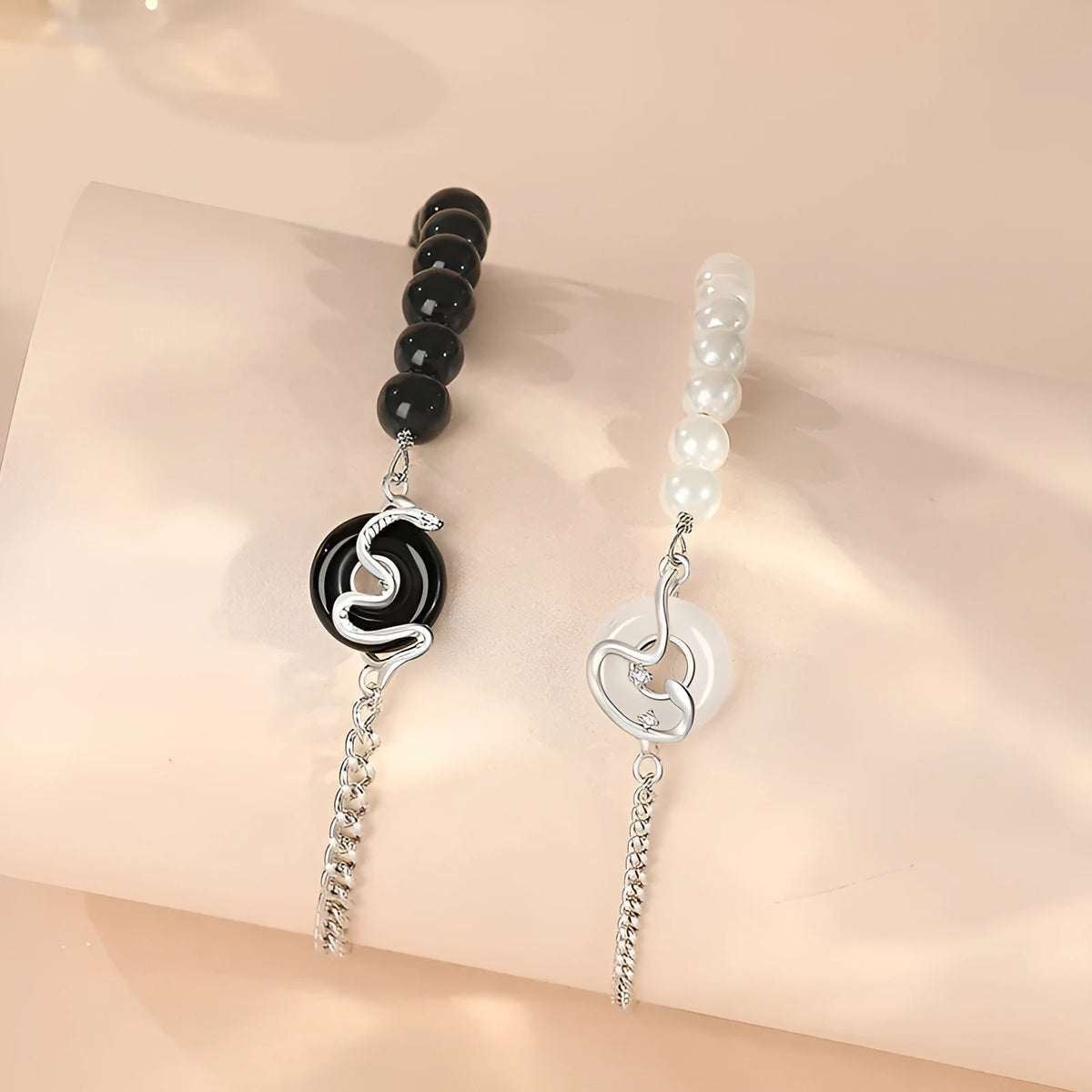 925 sterling silver bracelet with safe buckle, snake design, and obsidian pearl for men and women.