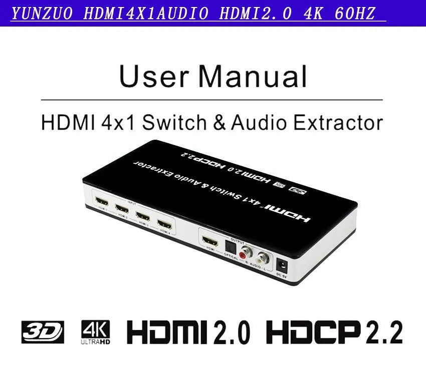Black HDMI switch unit with remote control for four input, one output audio separation.