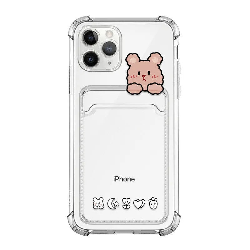 Transparent cartoon TPU phone case with card holder for Apple iPhone