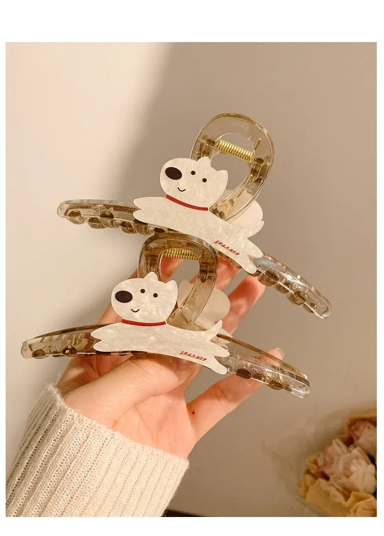 Beige and brown cartoon puppy barrette hair clips on white background