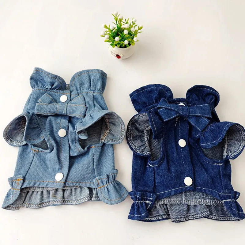 Blue denim pet dress with ruffled vest design for dogs and cats showing chest and back coverage