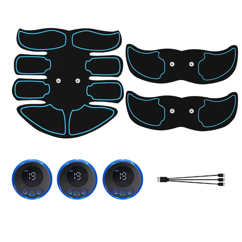 Digital display abdominal muscle trainer patch with charging port and three adhesive patches
