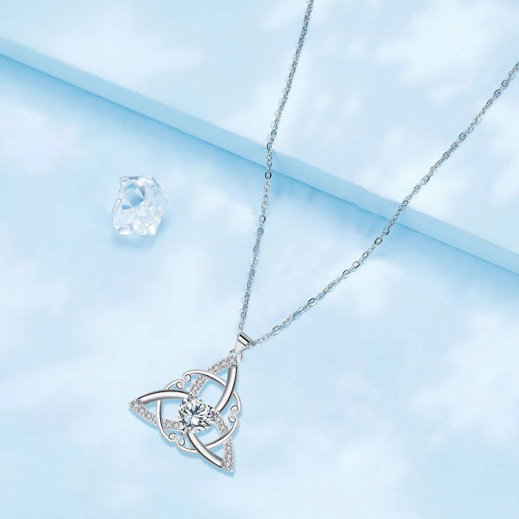 Celtic knot geometric necklace for women in electroplated copper, showing colour options.