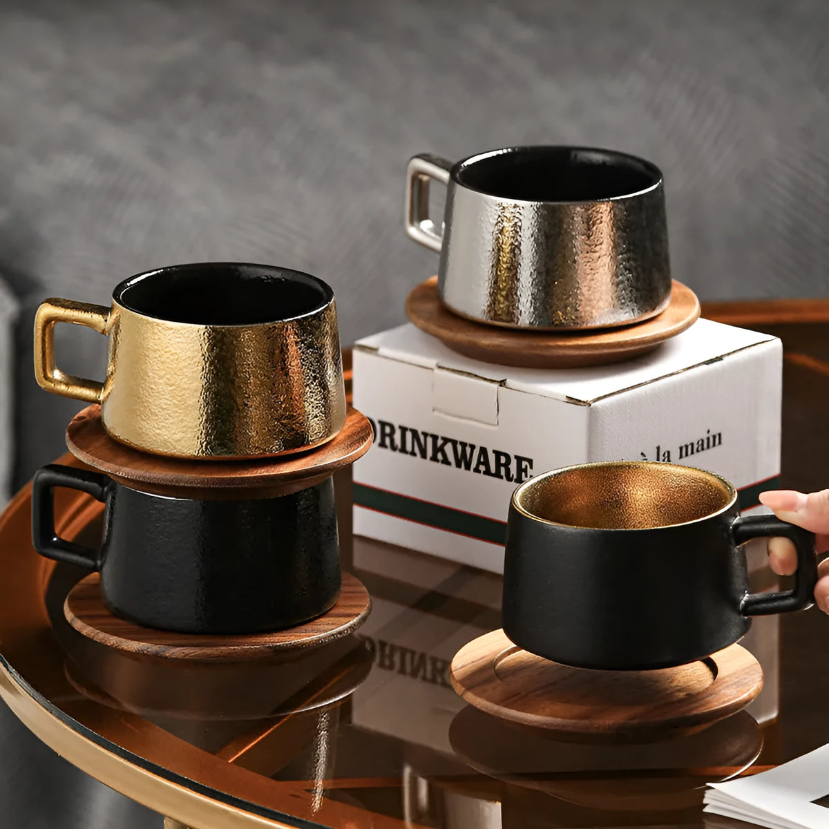 Gold-plated office gift tumbler coffee cup set with irregular shaped cup and decorative packaging