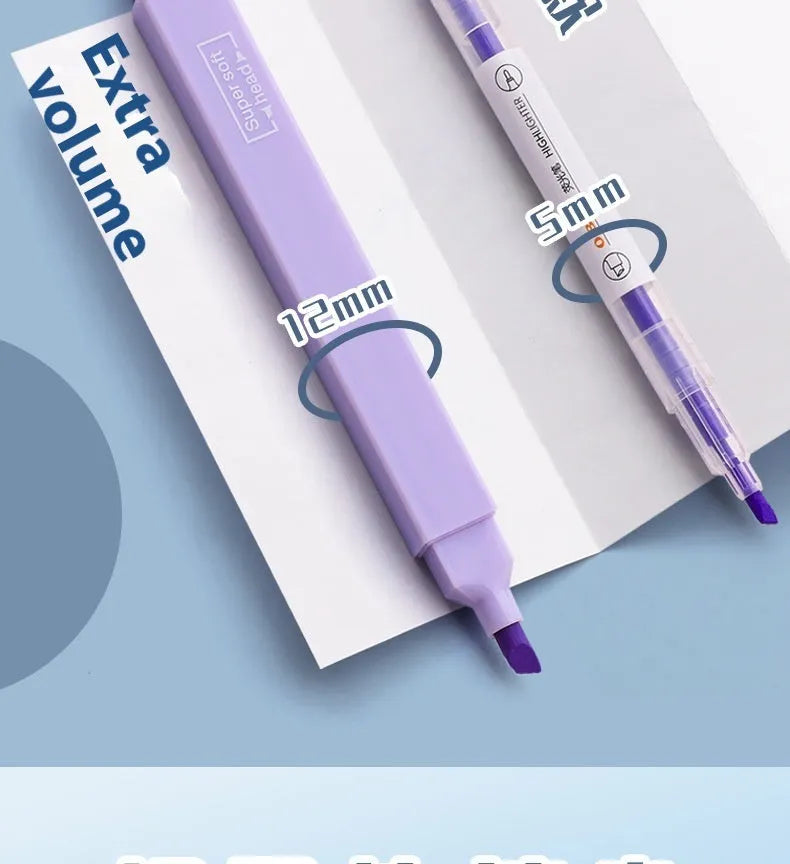 Pack of double-headed fluorescent marking pens showing both a broad and fine tip, with Salt series or Sweet series packaging.