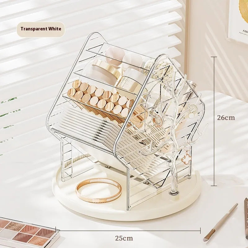 Rotating cosmetics storage box with 360-degree spin in clear transparent plastic