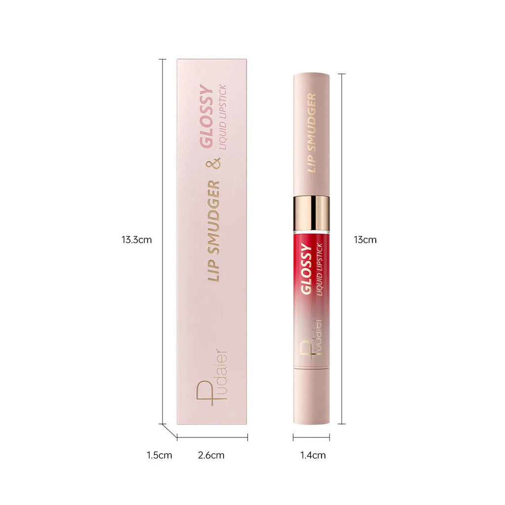 Double-headed lipstick and lip gloss set showing ten colour shades in matte finish.