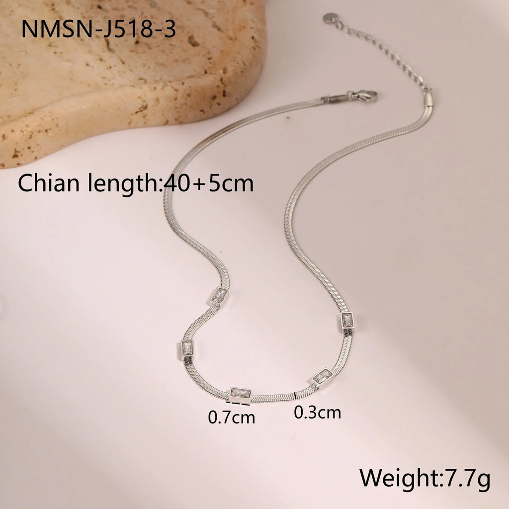 Geometric square zircon necklace on stainless steel flat snake chain with gold electroplated finish