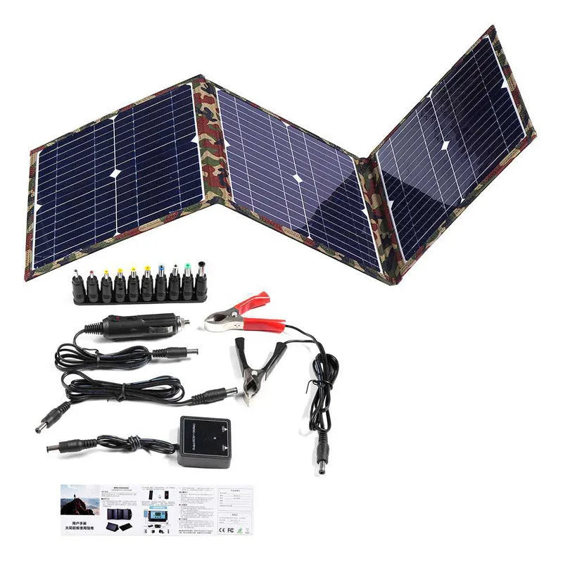 Black foldable 36W portable solar panel with USB outputs for device charging