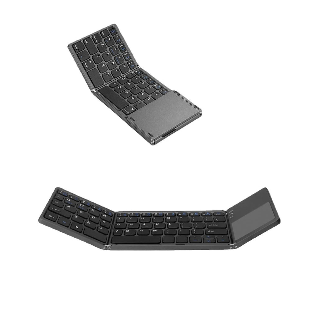 Black tri-fold Bluetooth keyboard shown unfolded next to smartphone demonstrating portable wireless typing