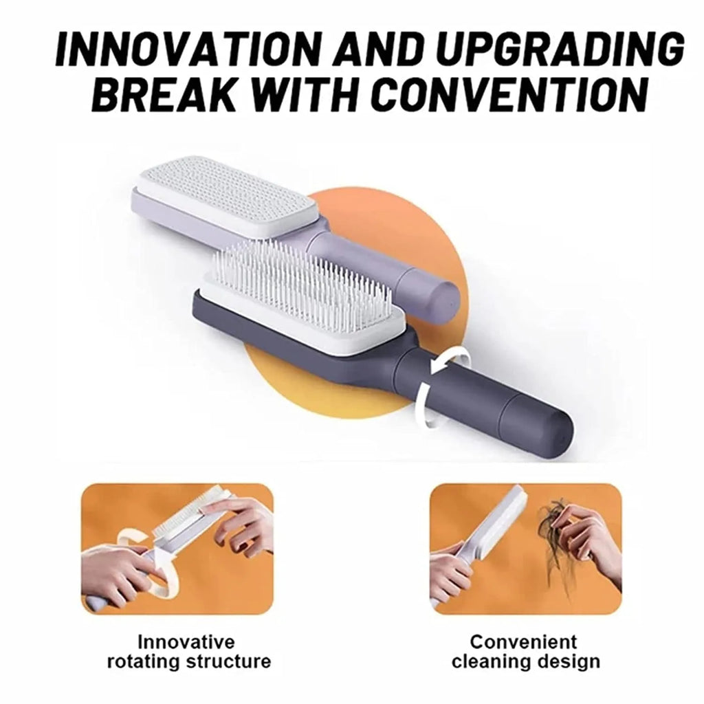 Self-cleaning hair brush in Roland purple colour showing rotate handle mechanism and bristle design